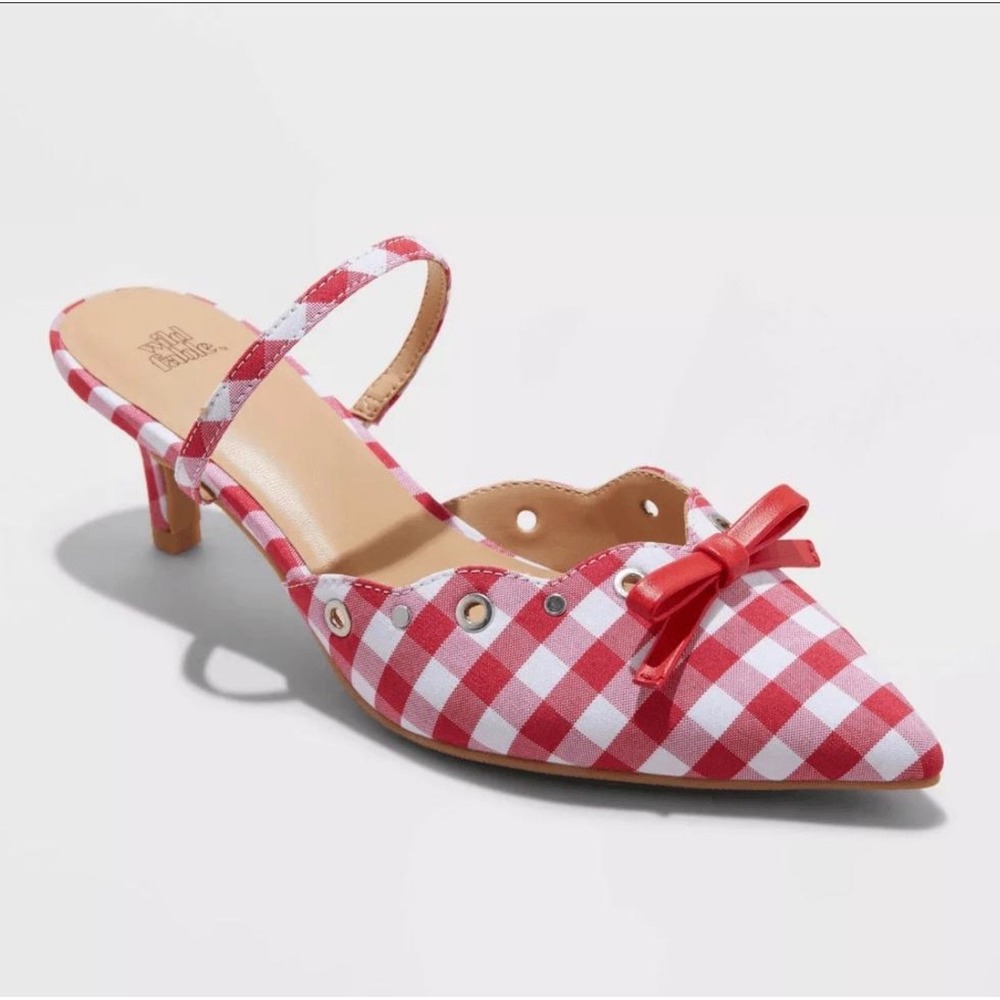 Wild Fable Lysandra Red Gingham Kitten Heel Pumps Bow Pointed Toe